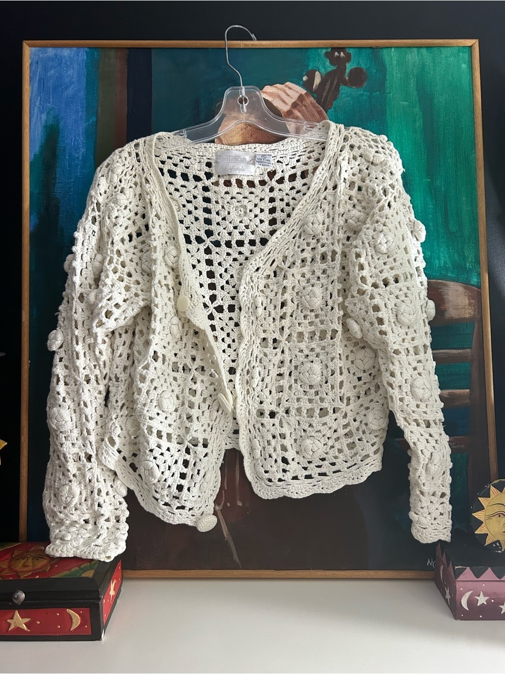 Reitmans Crochet Cardigan Cream Cotton Floral Boho Cottagecore Sweater Medium